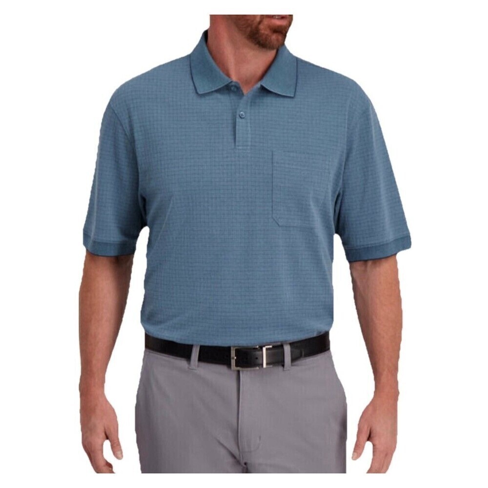 Haggar Polo Shirt Mens Large Blue Short Sleeve Casual Golf Pocket